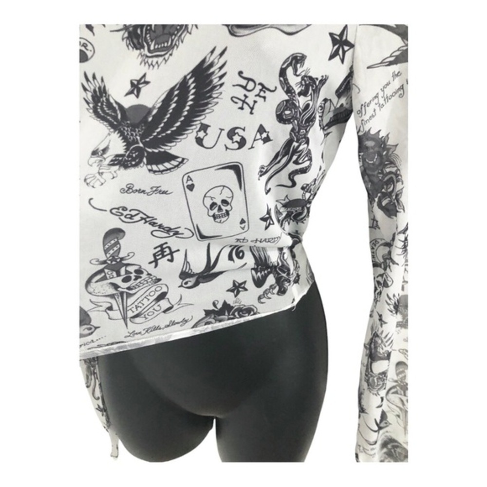 Ed Hardy white iconic Ed Hardy designs printed long‎ sleeve sheer top size large - Picture 11 of 14